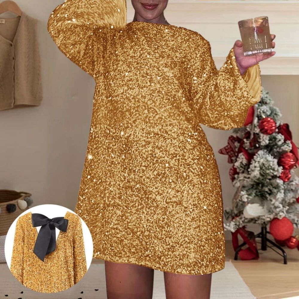 Gold Sequined Mini Dress S NEW